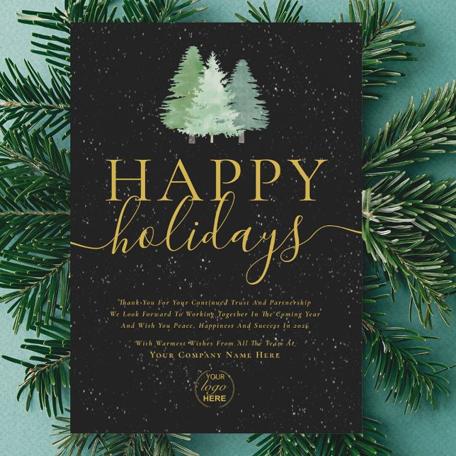 Modern Festive Trees Logo Business Black Gold Holiday Card (Modern watercolor snowy christmas trees company logo business black and gold holiday card)