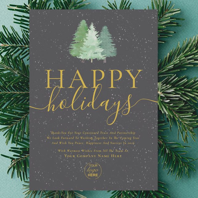 Modern Festive Trees Logo Business Gray Gold Holiday Card (Modern watercolor snowy christmas trees company logo business charcoal gray and gold holiday card)