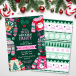 Modern Festive Ugly Sweater Red, Green and Pink Invitation<br><div class="desc">This modern ugly sweater design features 6 festive ugly sweaters in a color palette of red, green and pink, these jumpers have fun motifs such as Santa, reindeers, Christmas trees and a snowman surrounded by holly and berries, winter greenery, snowflakes and stars on a dark green background. On the back...</div>