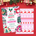 Modern Festive Ugly Sweater Red, Green and Pink Invitation<br><div class="desc">This modern ugly sweater design features 6 festive ugly sweaters in a color palette of red, green and pink, these jumpers have fun motifs such as Santa, reindeers, Christmas trees and a snowman surrounded by holly and berries, winter greenery, snowflakes and stars. On the back of the design is a...</div>