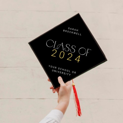 Modern Fete Black Gold Class of 2024 Grad Name Graduation Cap Topper