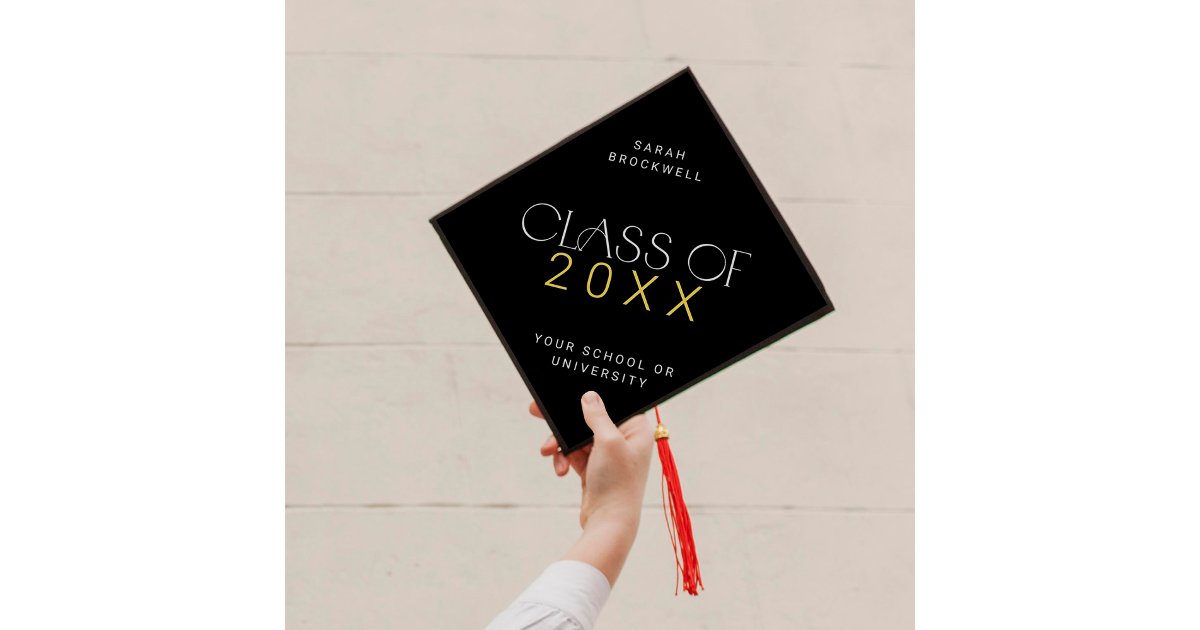 Modern Fete Black Gold Class Year Grad Name Graduation Cap Topper | Zazzle