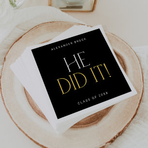 Modern Fete Black Gold He Did It Graduation Napkins