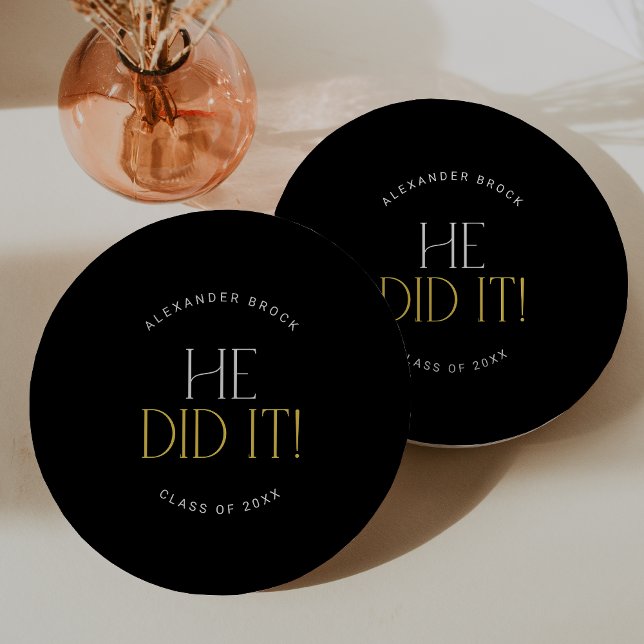 Modern Fete Black Gold He Did It Graduation Paper Plates (Creator Uploaded)