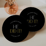 Modern Fete Black Gold He Did It Graduation Paper Plates<br><div class="desc">These modern fete black gold he did it graduation paper plates are perfect for a simple grad party. The design features elegant boho typography with a touch of sophisticated style in classy dark black and yellow gold.

Personalize your paper plates with the name of the graduate and class year.</div>