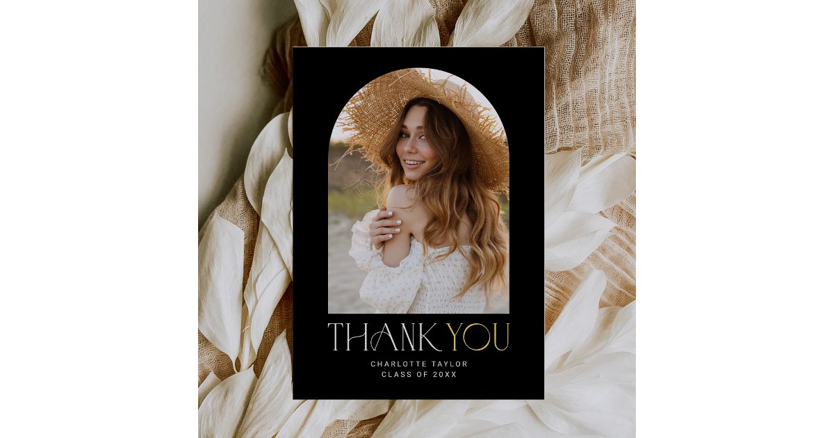 Modern Fete Black Gold Photo Arch Graduation Thank You Card | Zazzle