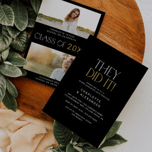 Modern Fete Black Gold Photo Double Graduation Invitation