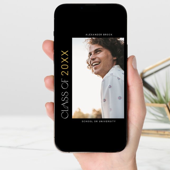 Modern Fete Black Gold Photo Graduation Announcement (Front Digital)