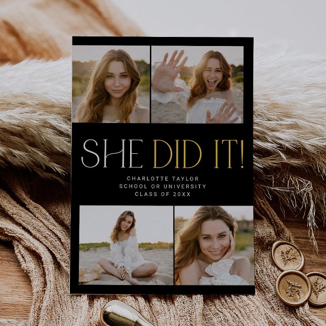 Modern Fete Black Gold She Did It Photo Graduation Announcement (Creator Uploaded)