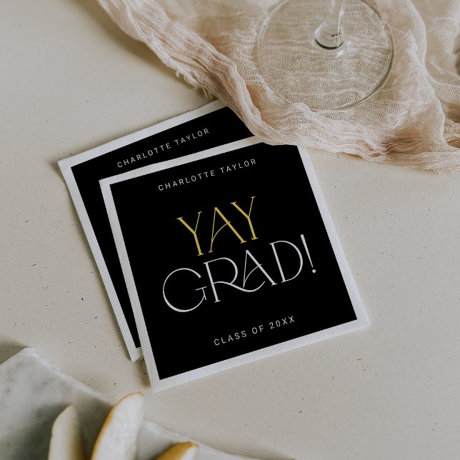 Modern Fete Black Gold Yay Grad Graduation Napkins (Creator Uploaded)