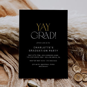 Modern Fete Black Gold Yay Grad Graduation Party Invitation