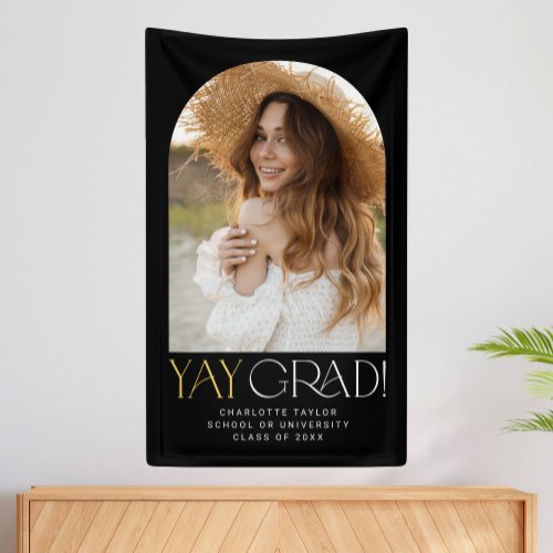 Modern Fete Black Gold Yay Grad Photo Graduation Banner