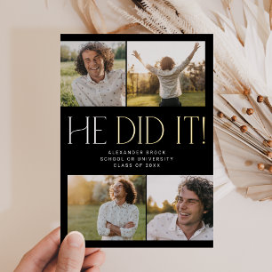 Modern Fete Foil Black He Did It Photo Graduation Invitation