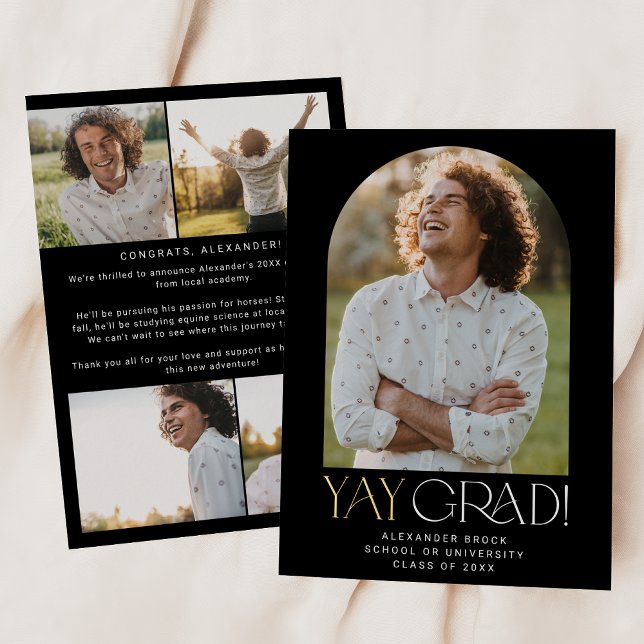 Modern Fete Foil Black Yay Grad Photo Graduation Foil Invitation (Creator Uploaded)
