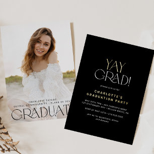 Modern Fete Foil Black Yay Grad Photo Graduation Foil Invitation
