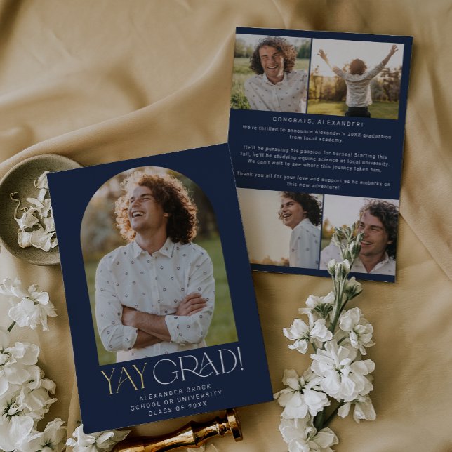 Modern Fete Foil Navy Yay Grad Photo Graduation Foil Invitation (Creator Uploaded)
