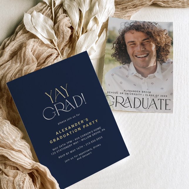 Modern Fete Foil Navy Yay Grad Photo Graduation Invitation (Creator Uploaded)