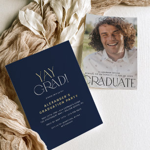 Modern Fete Foil Navy Yay Grad Photo Graduation Invitation
