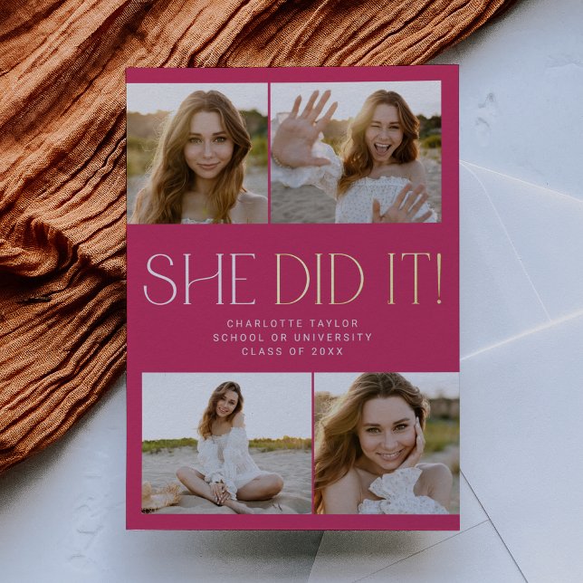 Modern Fete Foil Pink She Did It Photo Graduation Foil Invitation (Creator Uploaded)