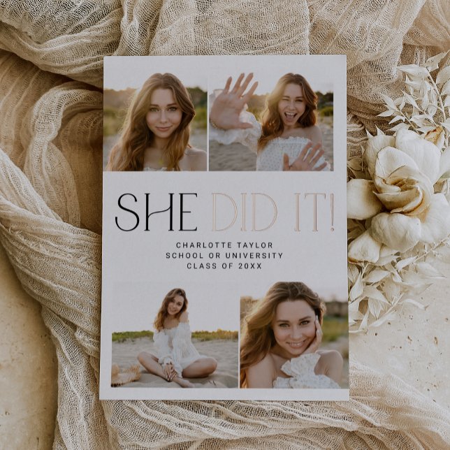 Modern Fete Foil She Did It Photo Graduation Foil Invitation (Creator Uploaded)