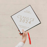 Modern Fete Gold Class of 2024 Grad Name Graduation Cap Topper<br><div class="desc">This modern fete gold class of 2024 grad name graduation cap topper is perfect for a simple graduation. The design features elegant boho typography with a touch of sophisticated style in minimalist gold and white.

Personalize your graduation cap with the name of the graduate and class year.</div>