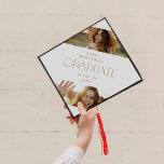 Modern Fete Gold Graduate Photo Graduation Cap Topper<br><div class="desc">This modern fete gold graduate photo graduation cap topper is perfect for a simple graduation. The design features elegant boho typography with a touch of sophisticated style in minimalist gold and white.

Personalize your graduation cap with 2 photos,  the name of the graduate and class year.</div>