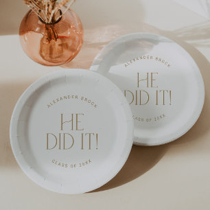 Modern Fete Gold He Did It Graduation Paper Plates