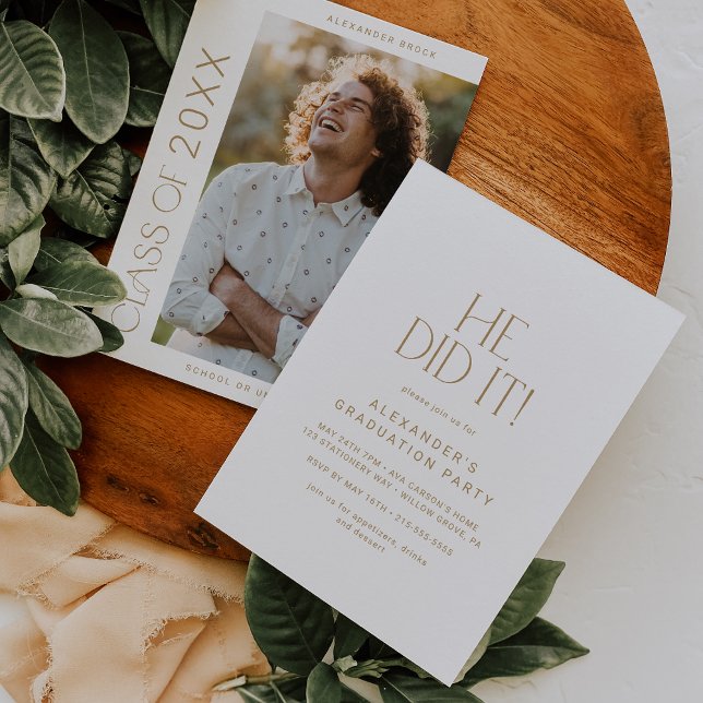 Modern Fete Gold He Did It Photo Graduation Party Invitation (Creator Uploaded)