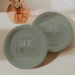 Modern Fete | Green She Did It Graduation Paper Plates<br><div class="desc">These modern fete green she did it graduation paper plates are perfect for a simple grad party. The design features elegant boho typography with a touch of sophisticated style in muted and minimalist light sage green.

Personalize your paper plates with the name of the graduate and class year.</div>