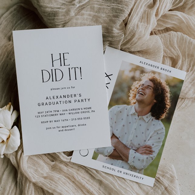 Modern Fete He Did It Photo Graduation Party Invitation (Creator Uploaded)