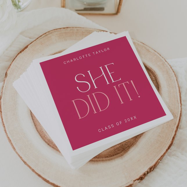 Modern Fete | Hot Pink She Did It Graduation Napkins (Creator Uploaded)