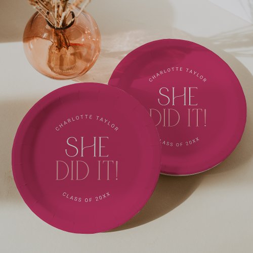 Modern Fete  Hot Pink She Did It Graduation Paper Plates