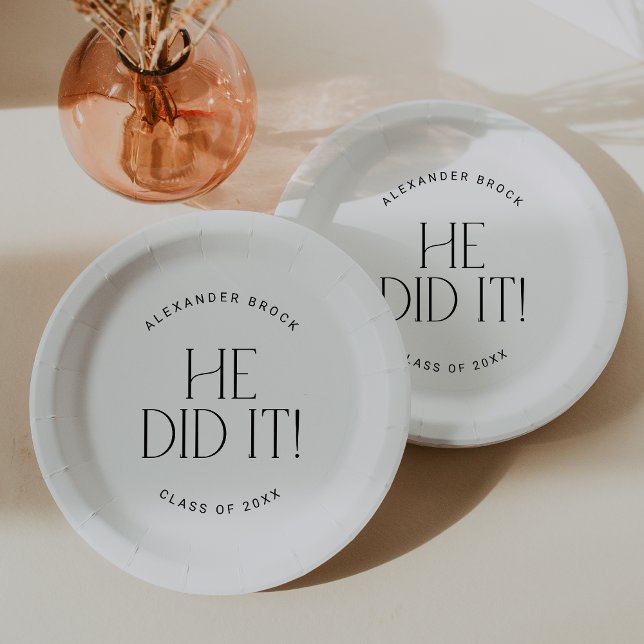 Modern Fete | Minimal He Did It Graduation Paper Plates (Creator Uploaded)