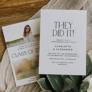 Modern Fete Minimal Photo Double Graduation Party Invitation