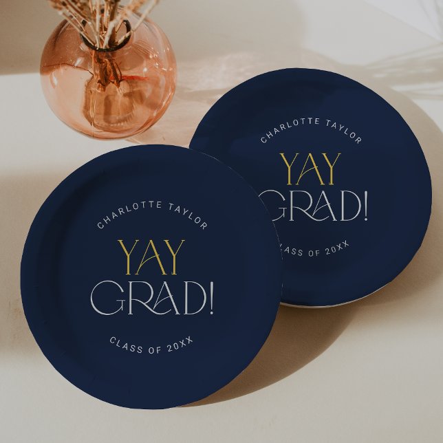 Modern Fete Navy Gold Yay Grad Graduation Paper Plates (Creator Uploaded)