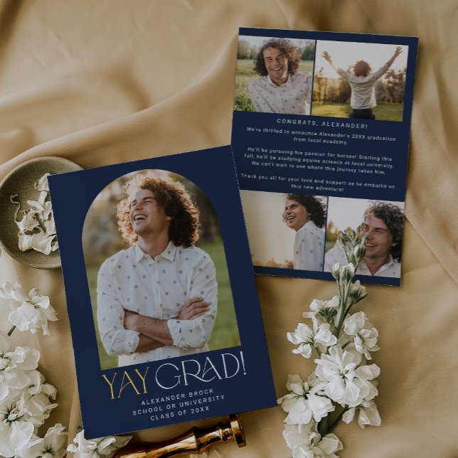 Modern Fete Navy Gold Yay Grad Photo Graduation Announcement (Creator Uploaded)