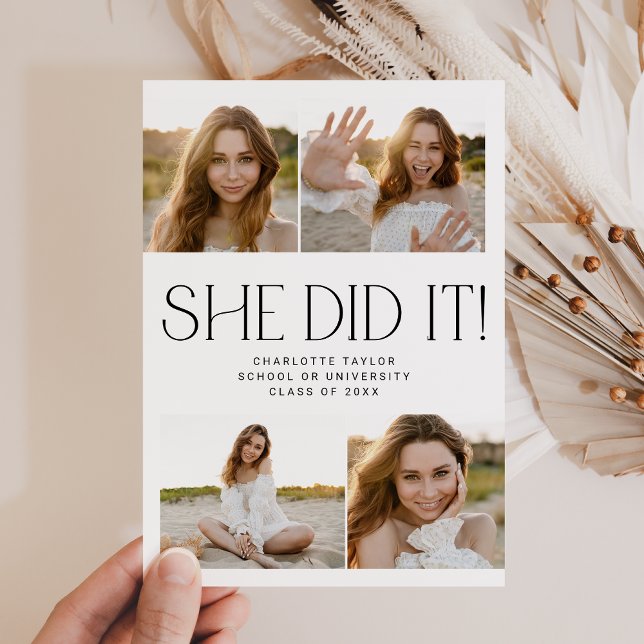 Modern Fete She Did It Photo Collage Graduation Announcement (Creator Uploaded)