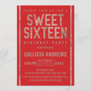Modern Fiery Red Rose Gold Glitter Frame Sweet 16 Invitation