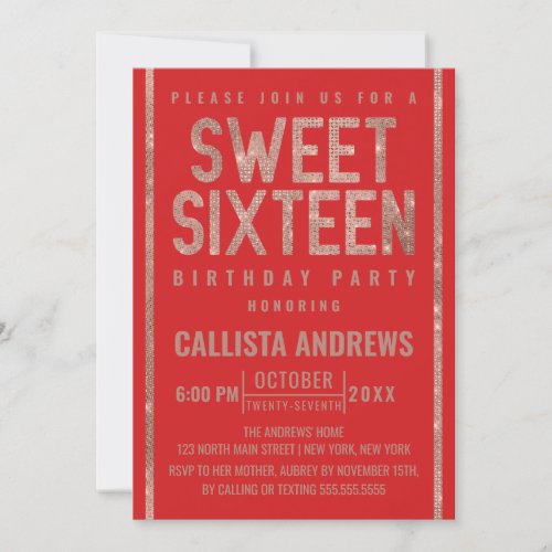 Modern Fiery Red Rose Gold Glitter Frame Sweet 16 Invitation