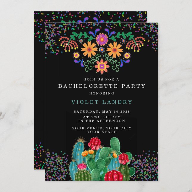 Modern Fiesta and Cactus Bachelorette Party Invitation (Front/Back)