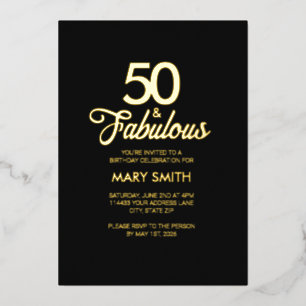 Modern Fifty and Fabulous 50th Birthday Black Gold Foil Invitation