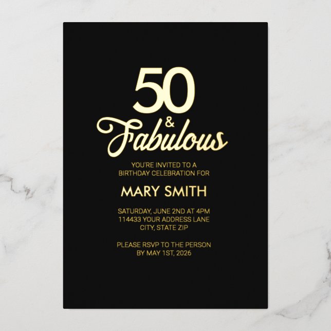 Modern Fifty and Fabulous 50th Birthday Black Gold Foil Invitation (Front)