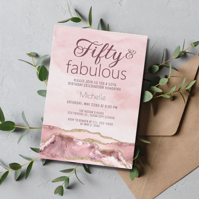 Modern Fifty and Fabulous Blush Pink Gold Agate  Invitation (Creator Uploaded)