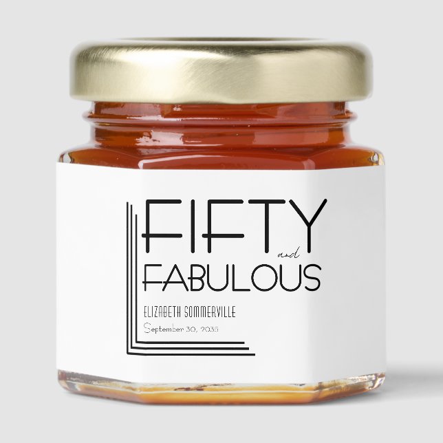 Modern Fifty and Fabulous Name 50th Birthday Party Honey Jar Favors (Front)