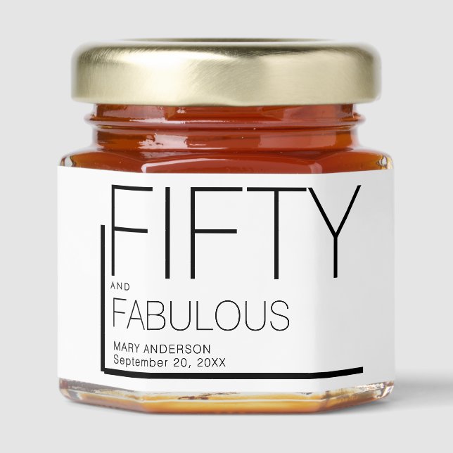 Modern Fifty and Fabulous Name 50th Birthday Party Honey Jar Favors (Front)