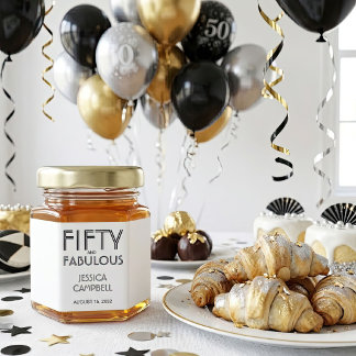 Modern Fifty and Fabulous Name 50th Birthday Party Honey Jar Favors