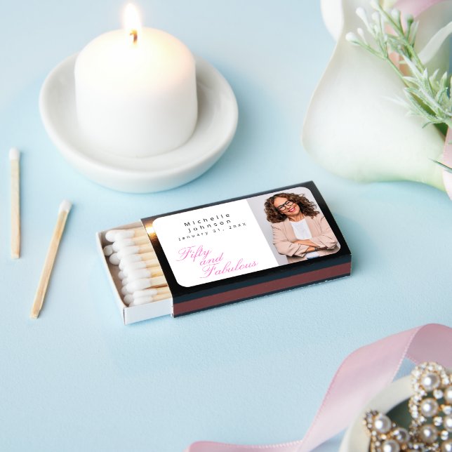 Modern Fifty and Fabulous Name 50th Birthday Party Matchboxes (Insitu)