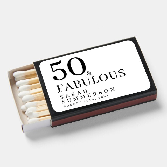 Modern Fifty and Fabulous Name 50th Birthday Party Matchboxes (Front Open)