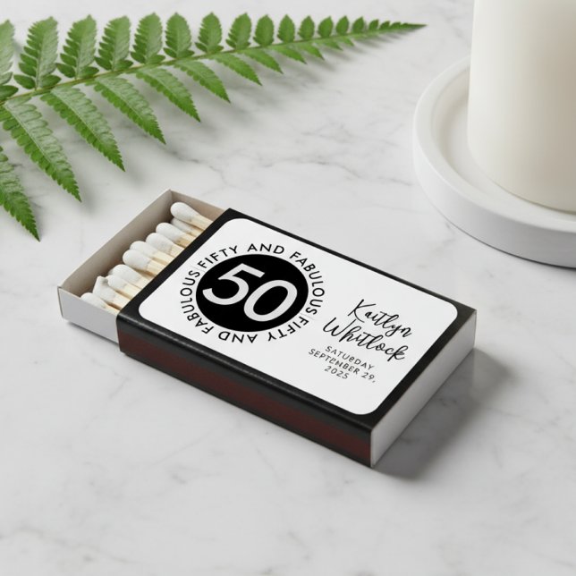 Modern Fifty and Fabulous Name 50th Birthday Party Matchboxes (elegant modern pink black fifty and fabulous 50th birthday party matchbox with custom name date)