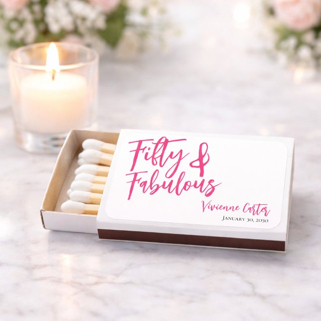 Modern Fifty and Fabulous Name 50th Birthday Party Matchboxes (Fifty and Fabulous Name Date 50th Birthday Matchbox Favor)